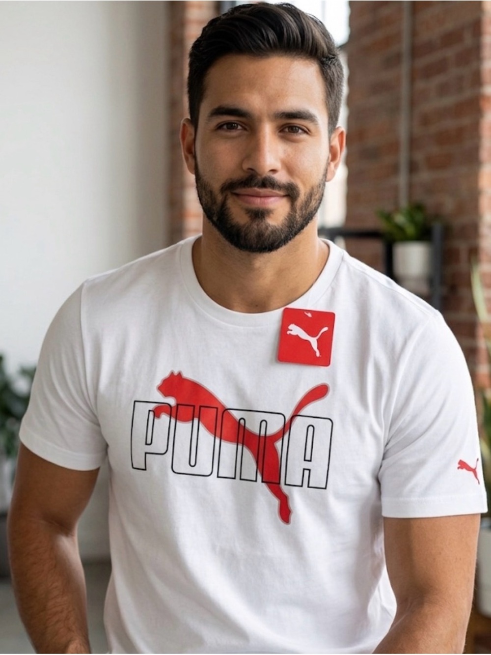 Puma White Short-Sleeve Tee with Red Logo Graphic